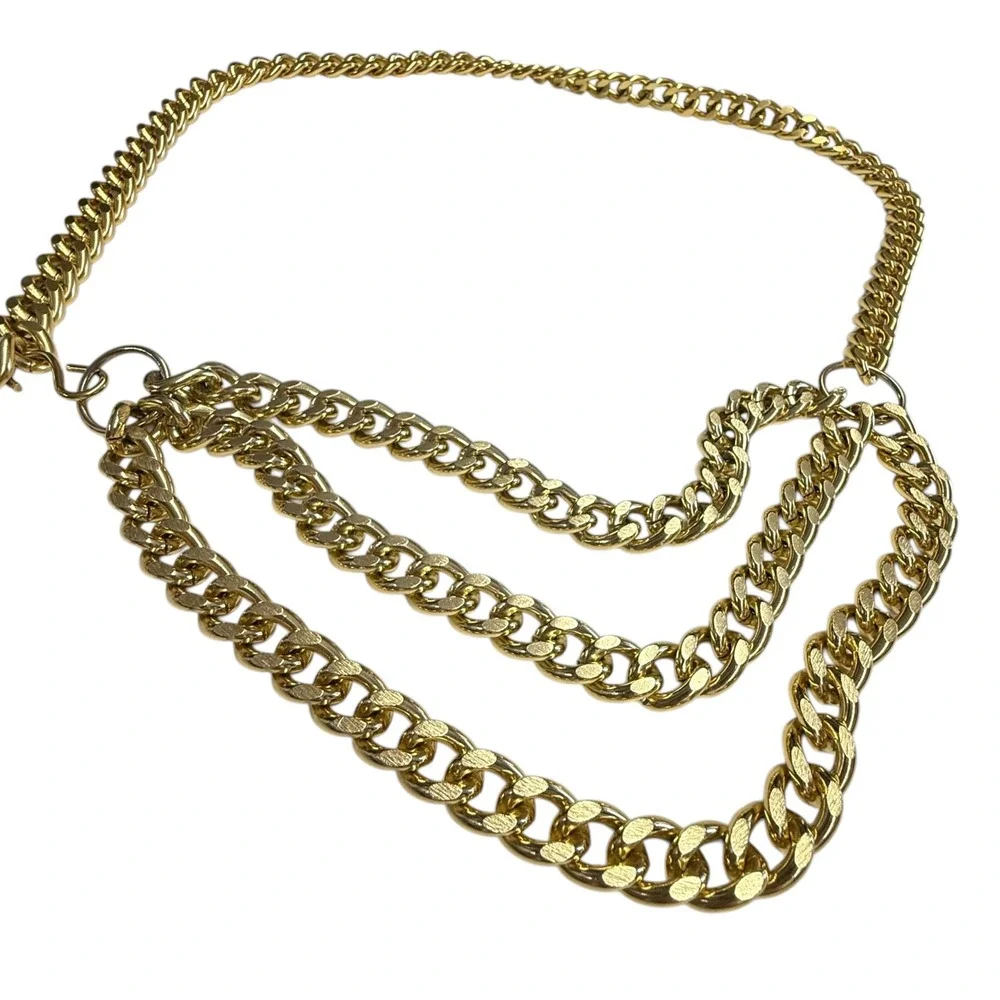 Womens Gold Tone Triple Chain Belt Faux French Coin Charm‎ Y2K Glam Waist Belt